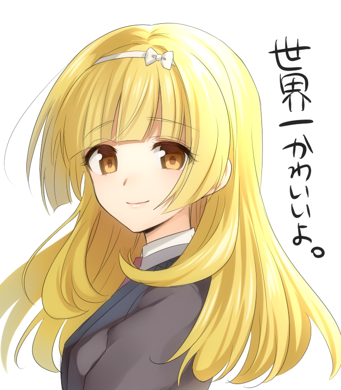 1girl, blonde_hair, blunt_bangs, bow, bow_hairband, brown_eyes, closed_mouth, floating_hair