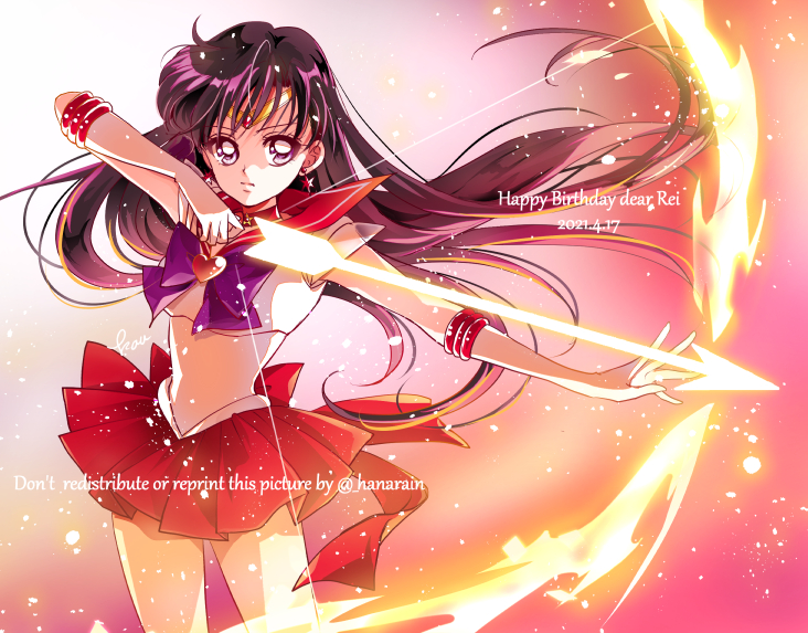 1girl, 2021, bishoujo_senshi_sailor_moon, bishoujo_senshi_sailor_moon_supers, bow, bow_(weapon), bowtie, brooch, character_name, choker, circlet, closed_mouth, cowboy_shot, dated, earrings, elbow_gloves, floating_hair, gloves, happy_birthday, heart, heart_brooch, hino_rei, jewelry, long_hair, mars_arrow, mars_flame_sniper, miniskirt, outstretched_arm, pleated_skirt, purple_bow, purple_bowtie, purple_hair, red_choker, red_sailor_collar, red_skirt, sailor_collar, sailor_mars, sailor_senshi_uniform, sarashina_kau, see-through_clothes, see-through_sleeves, short_sleeves, skirt, solo, standing, star_(symbol), star_choker, super_sailor_mars, very_long_hair, violet_eyes, watermark, weapon, white_gloves