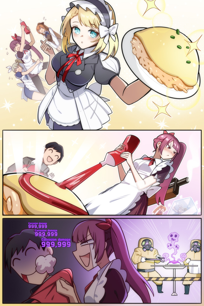 1boy, 2others, 3girls, apron, black_dress, black_hair, blonde_hair, blue_eyes