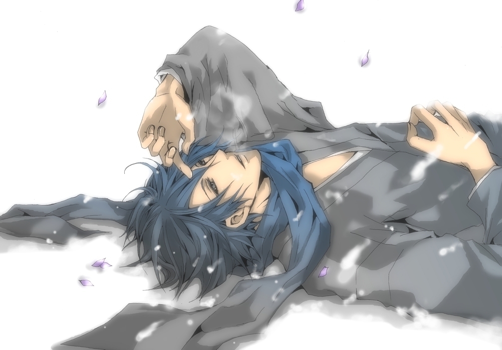 blue_hair, ground, kaito, karasu_(mirror_02), male, petals, scarf, solo, vocaloid, winter