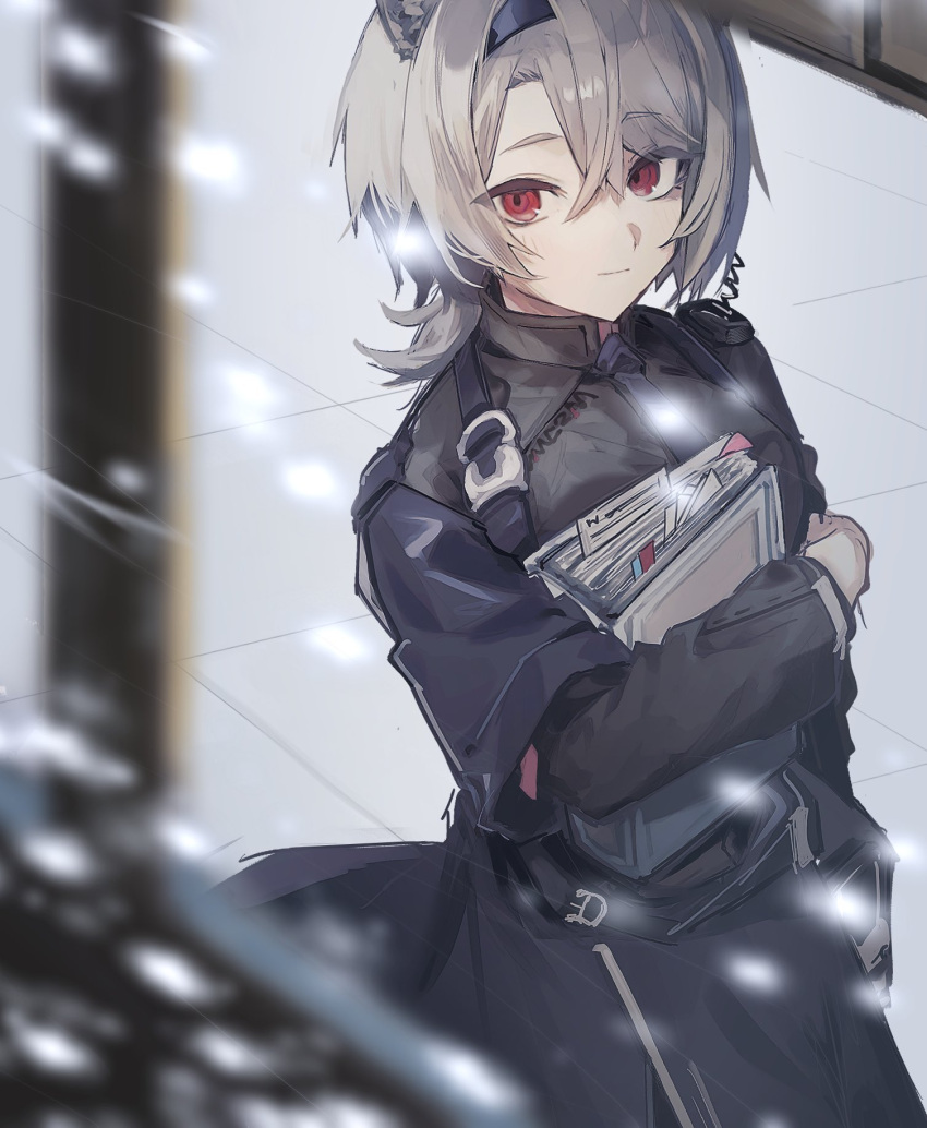 1girl, absinthe_(arknights), animal_ears, arknights, bear_ears, bear_girl, binder, black_hairband