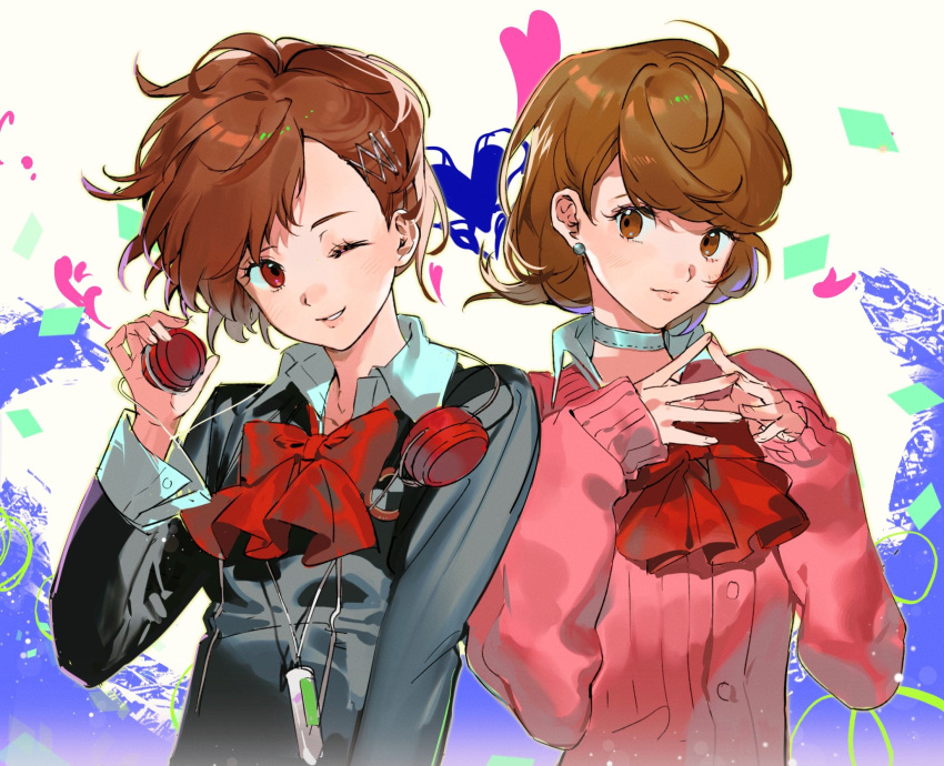 2girls, black_jacket, bow, bowtie, brown_eyes, brown_hair, cardigan, choker, closed_mouth, collared_shirt, digital_media_player, dress_shirt, earphones_removed, earrings, gekkoukan_high_school_uniform, hair_ornament, hairclip, hashtag-only_commentary, highres, jacket, jewelry, ketaku0404, long_sleeves, multiple_girls, one_eye_closed, parted_lips, persona, persona_3, persona_3_portable, pink_cardigan, pink_lips, red_bow, red_bowtie, red_eyes, ribbed_cardigan, school_uniform, shiomi_kotone, shirt, short_hair, stud_earrings, takeba_yukari, upper_body, white_choker, white_shirt