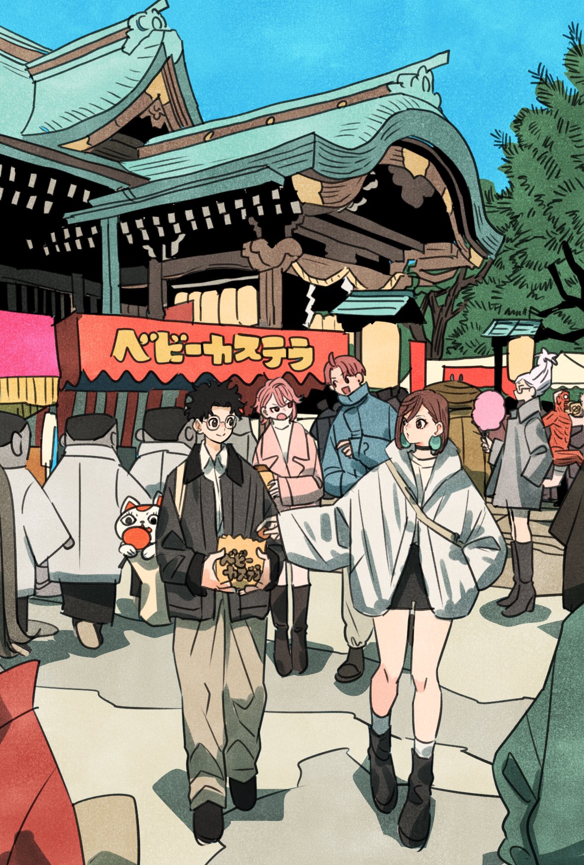 3girls, 4boys, alien, alternate_costume, architecture, ayase_momo, ayase_seiko, black_choker
