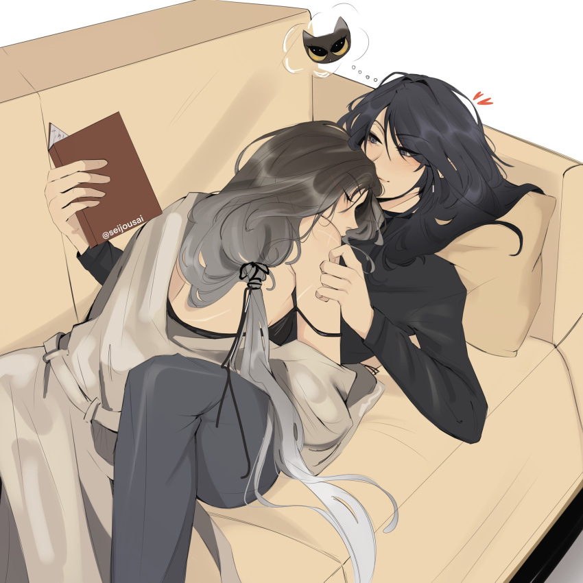 2girls, angell_(path_to_nowhere), between_legs, black_hair, black_shirt, book, chief_(path_to_nowhere), closed_eyes