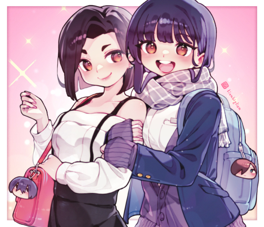 2boys, 2girls, artist_name, blush, boku_no_kokoro_no_yabai_yatsu, border, brown_eyes, closed_mouth