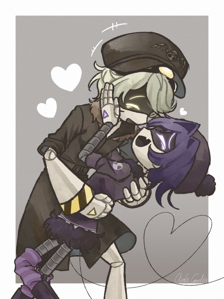 1boy, 1girl, aida_(aidacamelia0516), android, black_coat, black_hat, cabbie_hat, cable