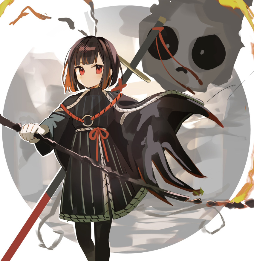 10rigar, 1girl, 4th_match_flame_(e.g.o), antennae, black_cape, black_dress, black_hair, bob_cut