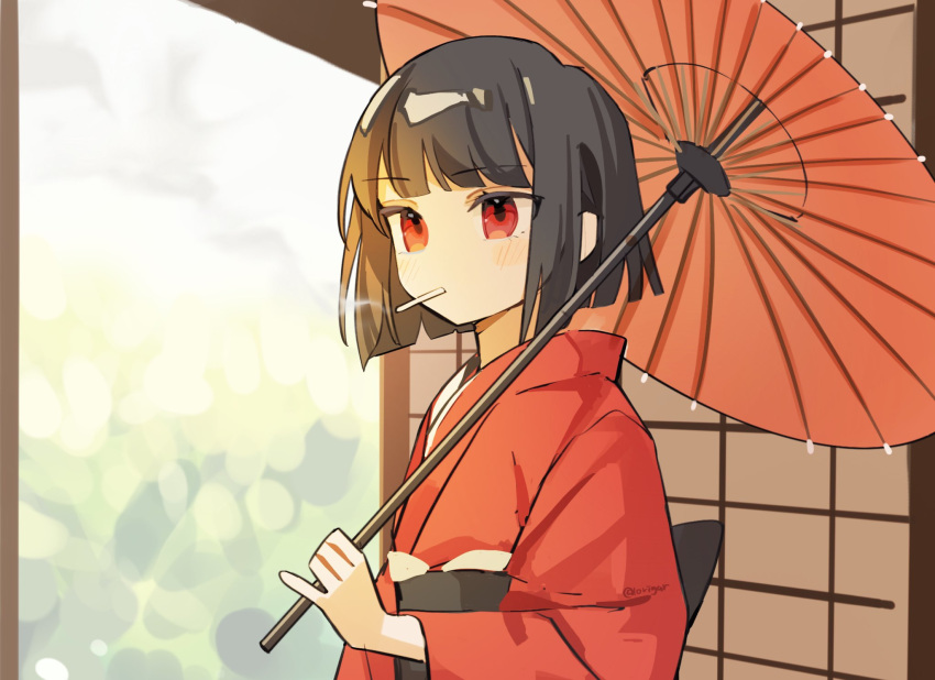 10rigar, 1girl, black_bow, black_hair, black_sash, bob_cut, bow, cigarette