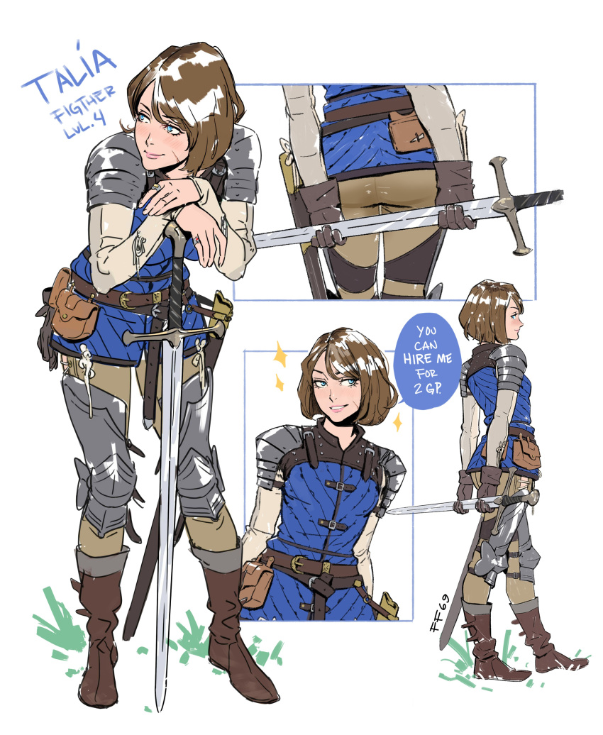 1girl, absurdres, armor, artist_name, belt_pouch, blue_eyes, boots, brown_hair, dungeons_&amp;_dragons, ff69_(ff69x), gloves, highres, jewelry, leg_armor, long_sleeves, mercenary, pants, pouch, ring, scar, scar_on_face, sheath, short_hair, shoulder_armor, sword, weapon