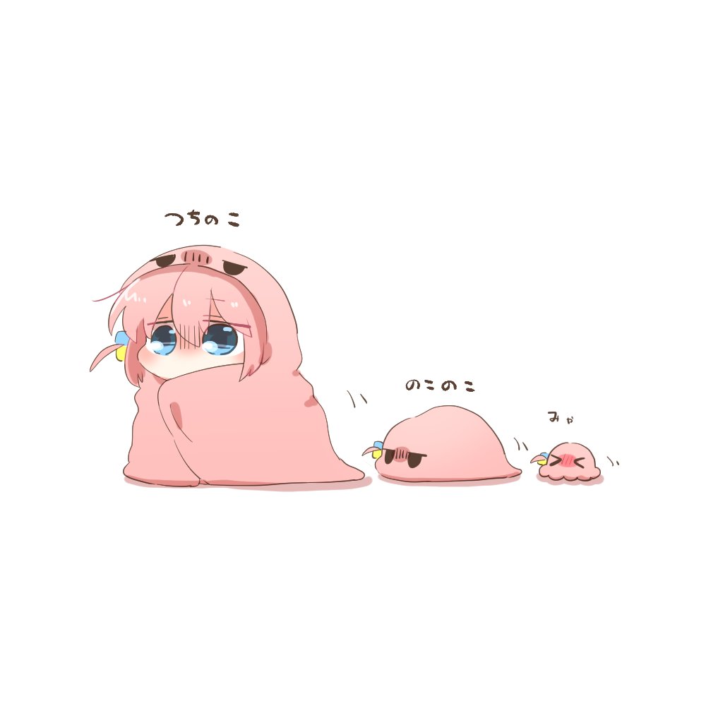 >_<, 1girl, blanket, blue_eyes, blush, bocchi_the_rock!, chibi, cube_hair_ornament