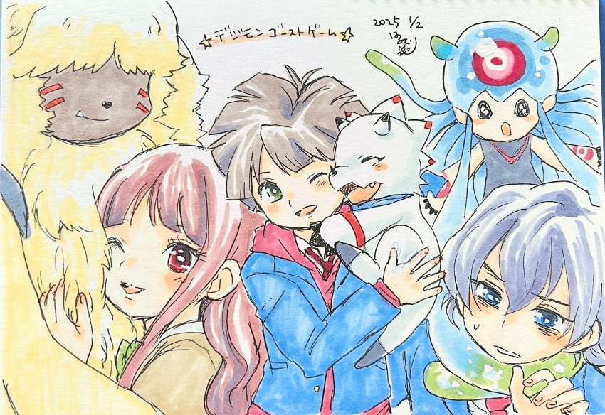 1girl, 2boys, amanokawa_hiro, angoramon, digimon, digimon_(creature), digimon_ghost_game, dinosaur, gammamon, higashimitarai_kiyoshiro, highres, jellymon, komoriharuori, long_hair, multiple_boys, rabbit, short_hair, tentacles, triceratops, tsukiyono_ruli
