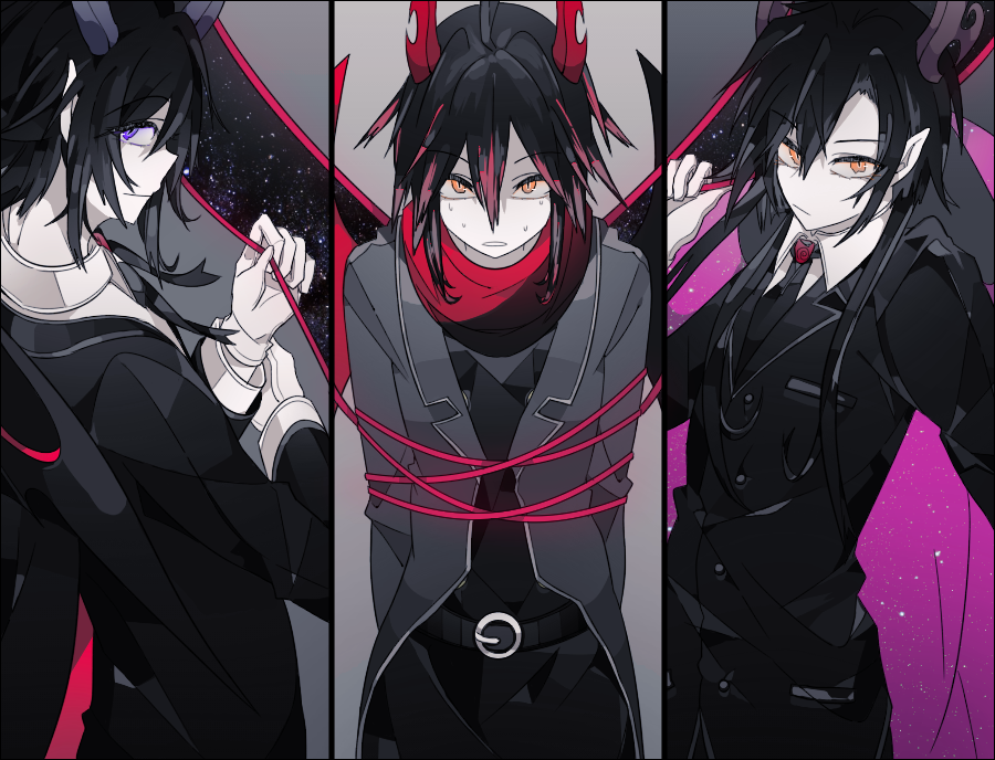 3boys, black_suit, demon, demon_boy, demon_horns, father_and_son, formal_clothes, funamusea, horns, husband_and_husband, ivlis_(funamusea), licorice_(funamusea), multiple_boys, orange_eyes, pointy_ears, satanick_(funamusea), shin_(nyeu), suit, violet_eyes