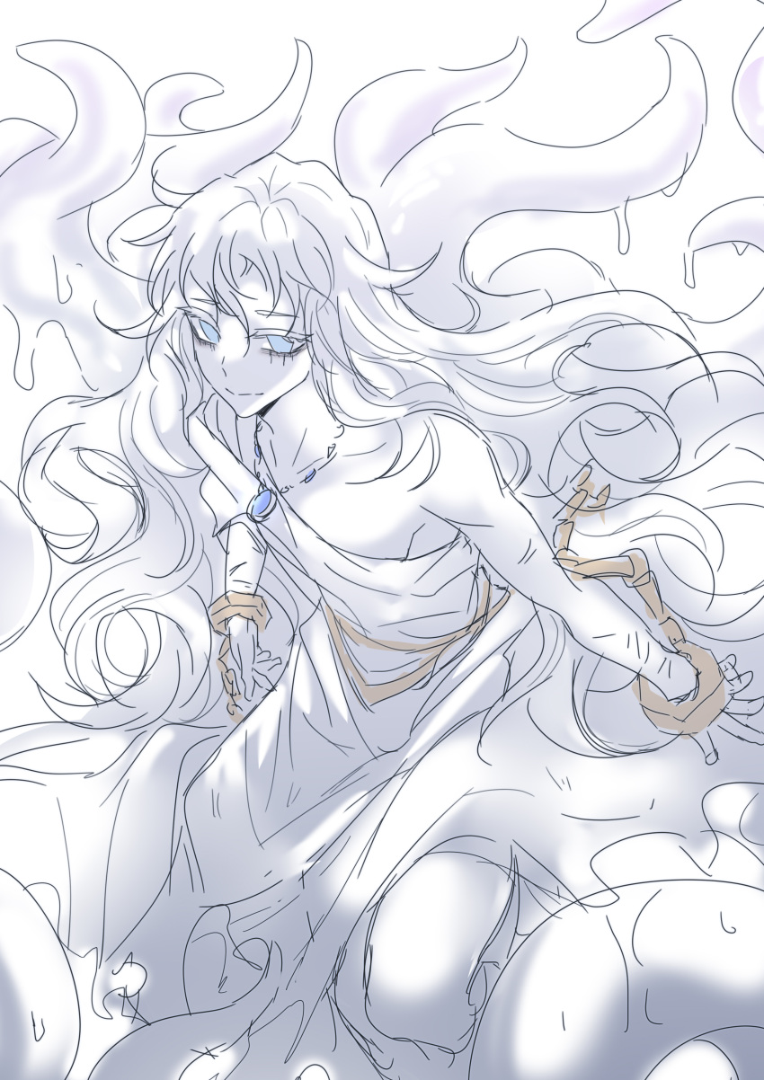 1other, absurdres, androgynous, blue_eyes, blue_gemstone, chained_wrists, closed_mouth, colored_skin