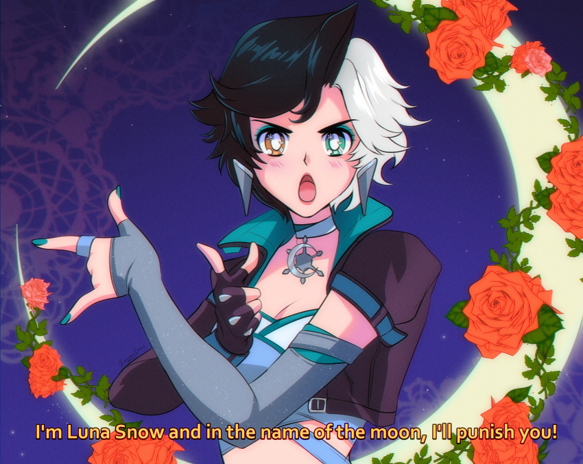 1990s_(style), 1girl, absurdres, beneceadraws, bishoujo_senshi_sailor_moon, black_hair, black_jacket, blue_eyes, blush, breasts, choker, fingerless_gloves, flower, gloves, heterochromia, highres, jacket, looking_at_viewer, luna_snow, marvel, marvel_rivals, multicolored_hair, open_mouth, retro_artstyle, short_hair, solo, split-color_hair, tsuki_ni_kawatte_oshioki_yo, two-tone_hair, white_hair