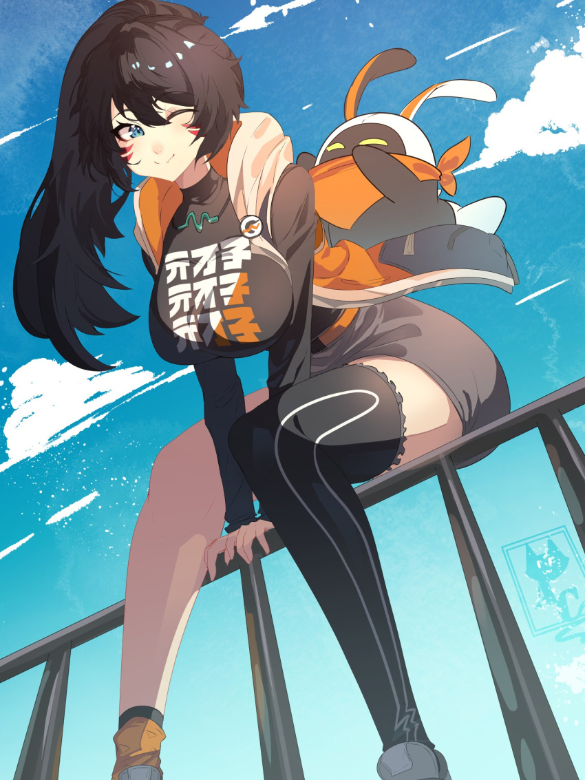 alley_cat, belle_(zenless_zone_zero), belle_(zenless_zone_zero)_(cosplay), black_hair, blue_eyes, cosplay, highres, leaning_forward
