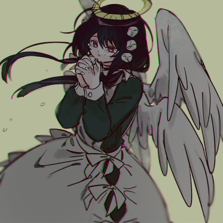 1girl, amasonakius, angel, angel_wings, apron, brown_hair, cosmea, dress