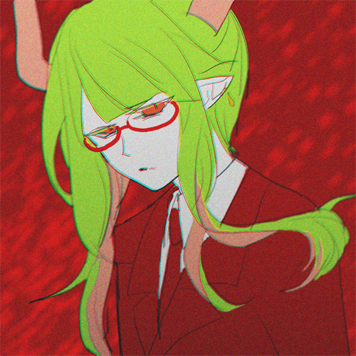 1boy, demon, demon_boy, demon_horns, frown, funamusea, glasses, green_hair, haiiro_teien, horns, looking_at_viewer, lowres, onirrr, red_eyes, short_hair_with_long_locks, solo, suit, yosaflame_(funamusea)