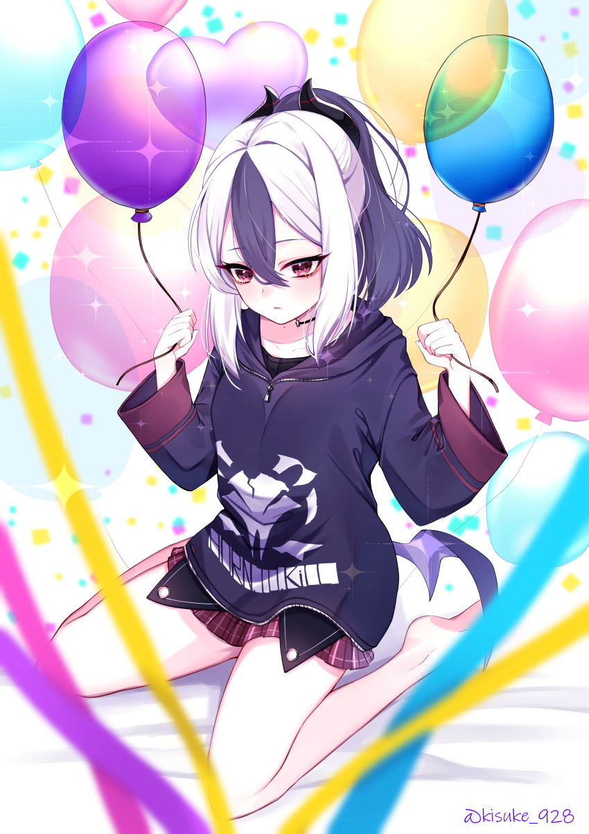 1girl, absurdres, balloon, barefoot, bed_sheet, black_choker, black_hair, black_jacket