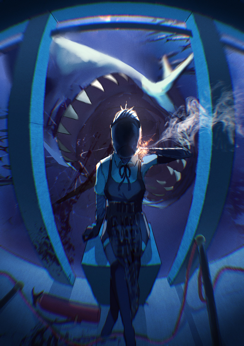 1girl, absurdres, apron, aquarium, black_apron, black_gloves, black_ribbon, black_thighhighs