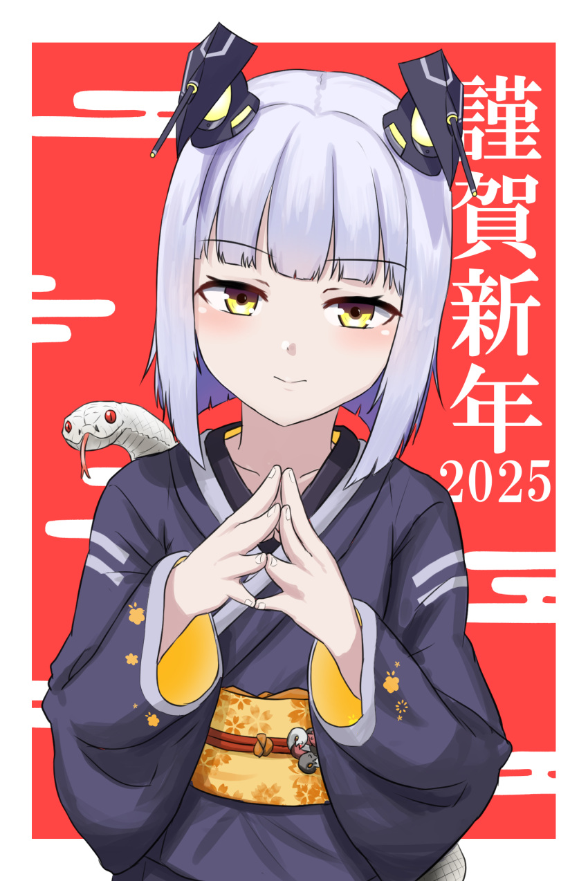 1girl, 2025, azur_lane, black_kimono, blush, commentary_request, explorer_(azur_lane), hands_up