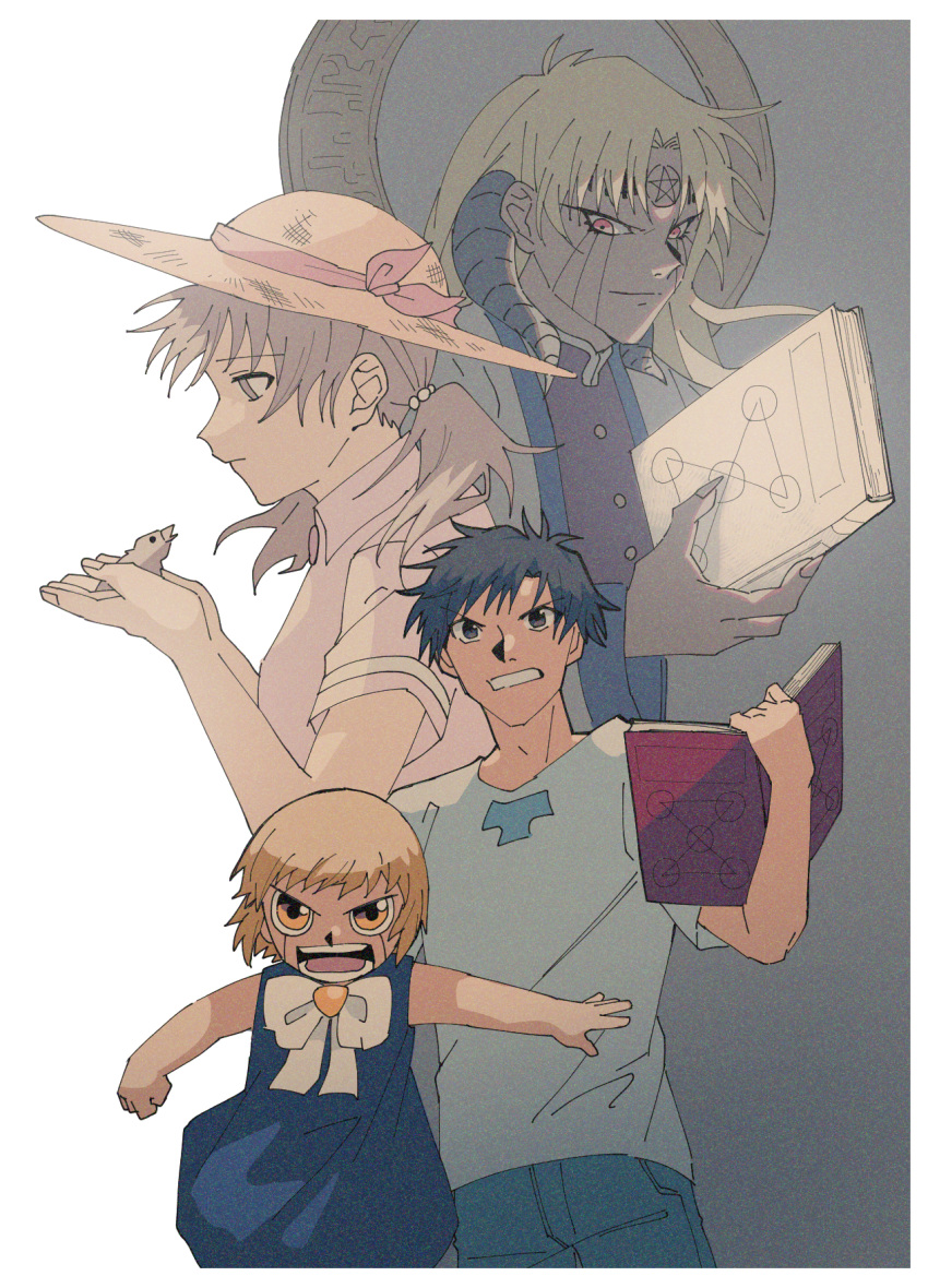 1girl, 3boys, bird, bird_on_hand, black_hair, blonde_hair, blue_pants, book