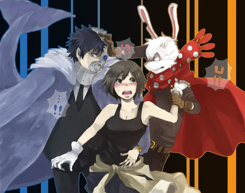 angry, animal_ears, aoi_hana_(oumagadoki_doubutsuen), arm_around_waist, arm_grab, bare_shoulders, blush, bob_cut
