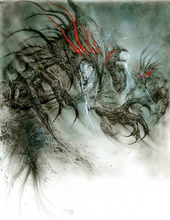 3others, claws, drooling, glowing, glowing_eyes, hunched_over, luis_royo, monster