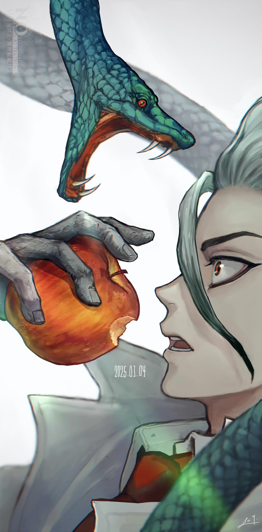 1boy, apple, coat, dated, dr._stone, food, fruit, gradient_background, green_hair, green_snake, grey_background, highres, holding, holding_food, holding_fruit, ishigami_senkuu, long_hair, male_focus, multicolored_hair, necktie, open_mouth, ray_sa9, red_eyes, red_necktie, simple_background, solo_focus, white_background, white_coat, white_hair