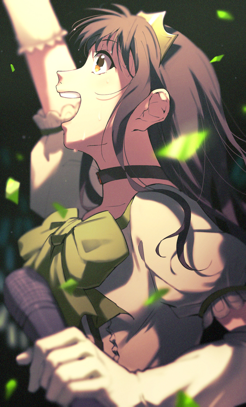 1girl, blurry, blurry_background, bow, bowtie, brown_eyes, brown_hair, confetti