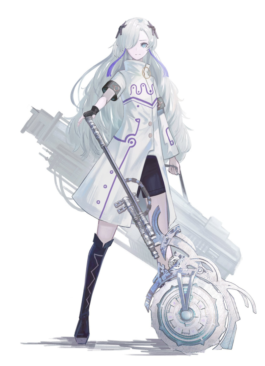 1girl, aqua_eyes, armband, asymmetrical_bangs, asymmetrical_sleeves, black_footwear, black_gloves, black_shorts