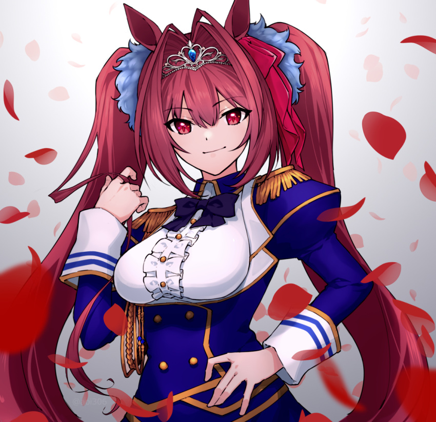 1girl, animal_ears, aoi_(aoi306), blue_jacket, bow, bowtie, breasts, brown_hair, buttons, center_frills, closed_mouth, collared_shirt, daiwa_scarlet_(umamusume), double-breasted, epaulettes, framed_breasts, frills, hair_bow, hair_intakes, hand_on_own_hip, hand_up, horse_ears, jacket, juliet_sleeves, long_hair, long_sleeves, medium_breasts, petals, puffy_sleeves, red_eyes, shirt, smile, solo, tiara, twintails, umamusume, upper_body, white_shirt