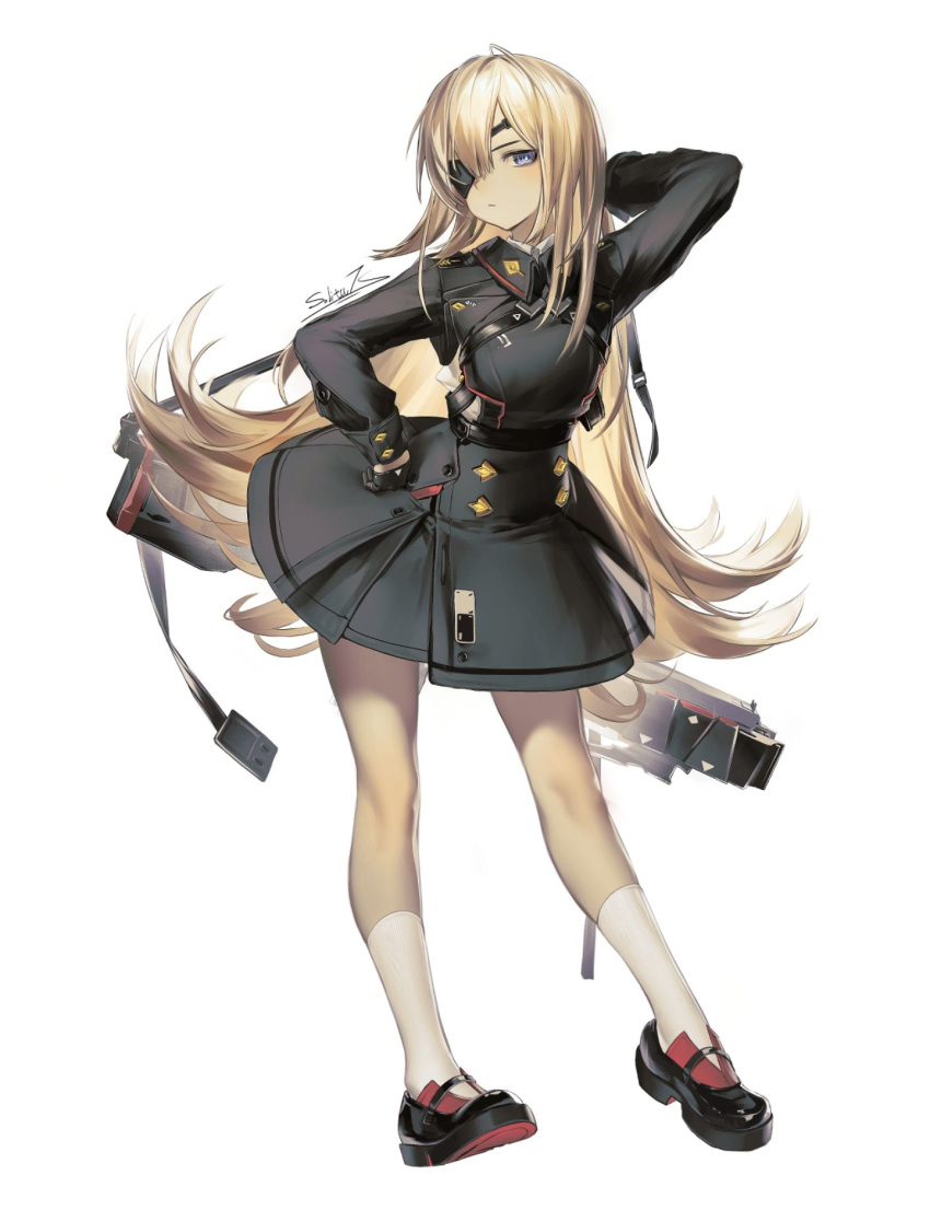 1girl, arm_behind_head, arm_up, belt, black_dress, black_gloves, blonde_hair, blue_eyes