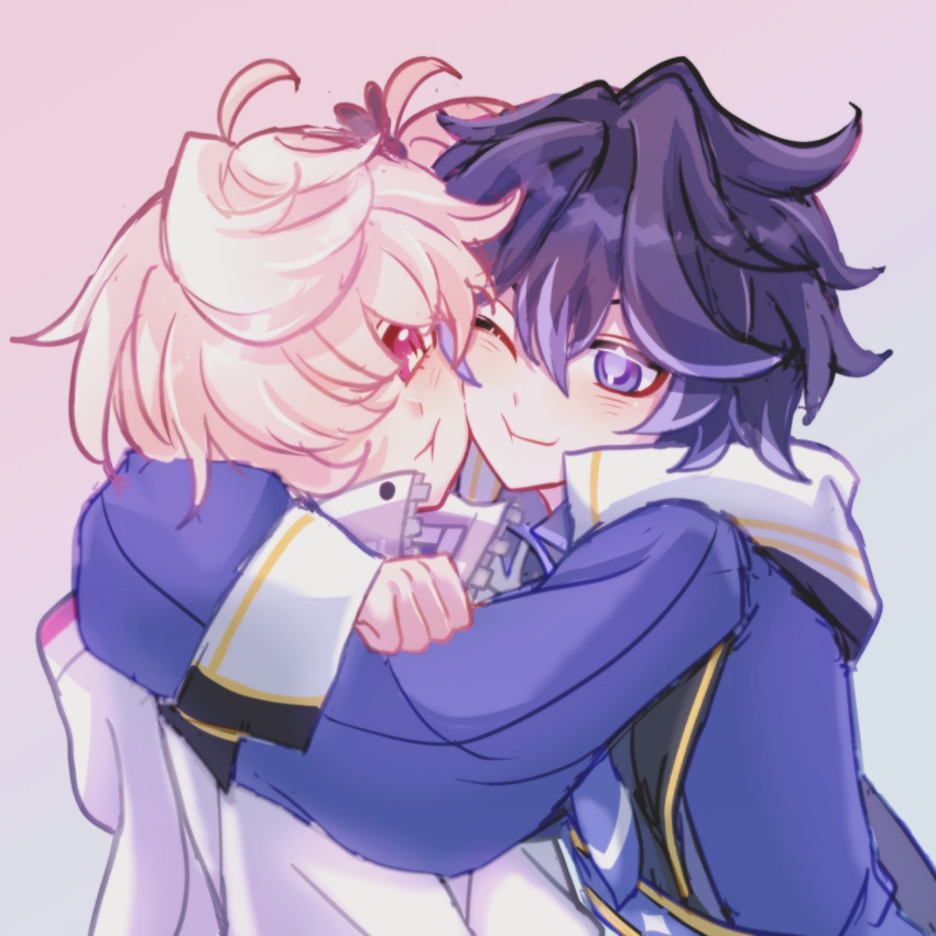 1boy, 1girl, black_hair, blush, cheek-to-cheek, cloak, clofa, commentary_request