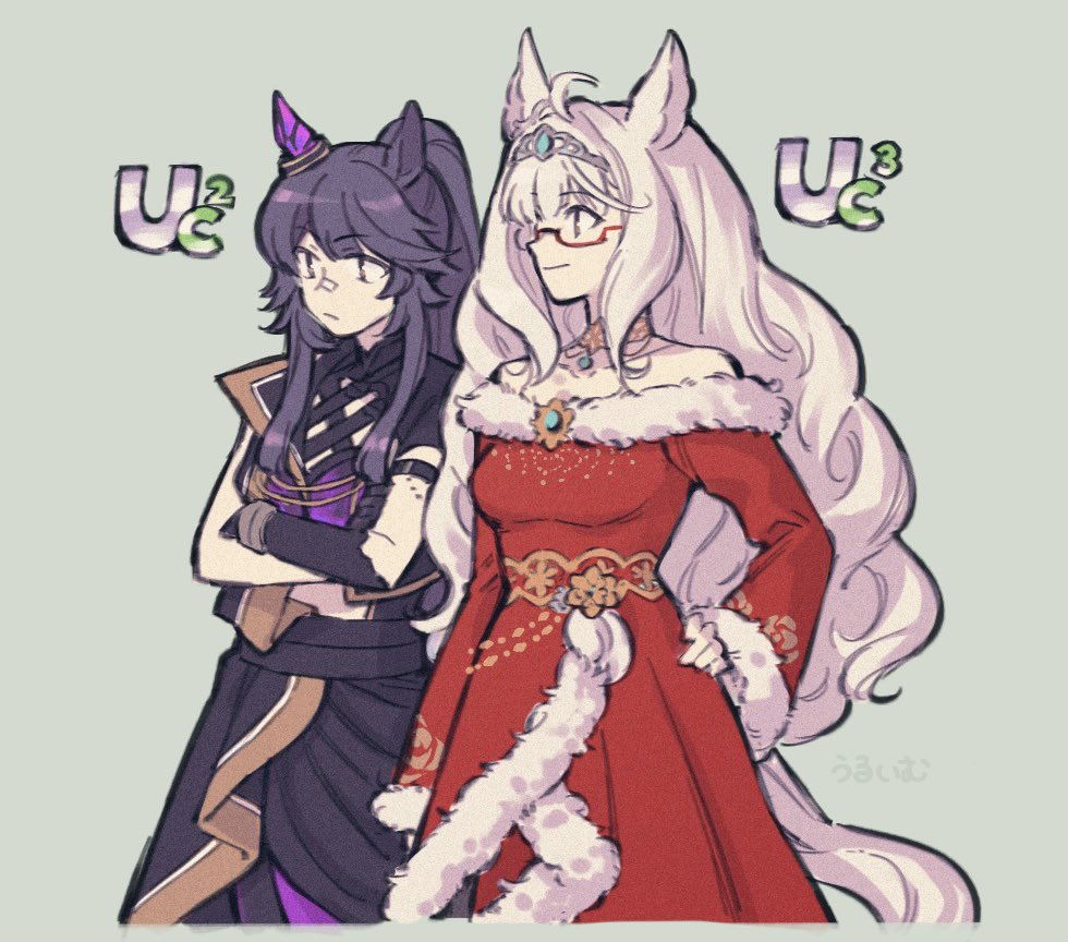2girls, ahoge, animal_ears, aoi_(aoi306), asymmetrical_gloves, bandaid, bandaid_on_face, bandaid_on_nose, bare_shoulders, biwa_hayahide_(noel_rouge_carol)_(umamusume), biwa_hayahide_(umamusume), black_gloves, black_jacket, black_skirt, breasts, closed_mouth, crossed_arms, detached_collar, dress, ear_covers, glasses, gloves, grey_background, hand_on_own_hip, horse_ears, jacket, long_hair, long_sleeves, looking_to_the_side, multiple_girls, narita_brian_(hungry_wolves)_(umamusume), narita_brian_(umamusume), off-shoulder_dress, off_shoulder, ponytail, red_dress, semi-rimless_eyewear, simple_background, single_ear_cover, skirt, sleeveless, sleeveless_jacket, small_breasts, smile, standing, tiara, umamusume, uneven_gloves