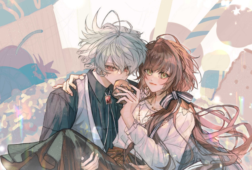 1boy, 1girl, black_bow, black_shirt, black_skirt, bow, braid, carrying, closed_mouth, collar_x_malice, collared_shirt, doughnut, eating, food, gem, grey_hair, hair_bow, hetero, holding, holding_doughnut, holding_food, hoshino_ichika_(collar_x_malice), princess_carry, red_eyes, red_gemstone, sasazuka_takeru, shirt, short_hair, skirt, smile, white_bow, white_shirt, winter_kt