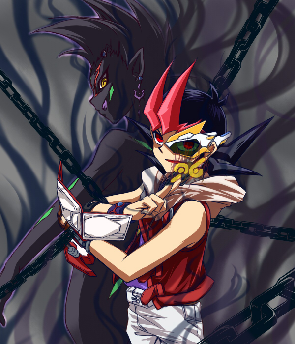 1boy, belt, black_hair, blue_shirt, blue_wrist_cuffs, card, chain, clenched_hand