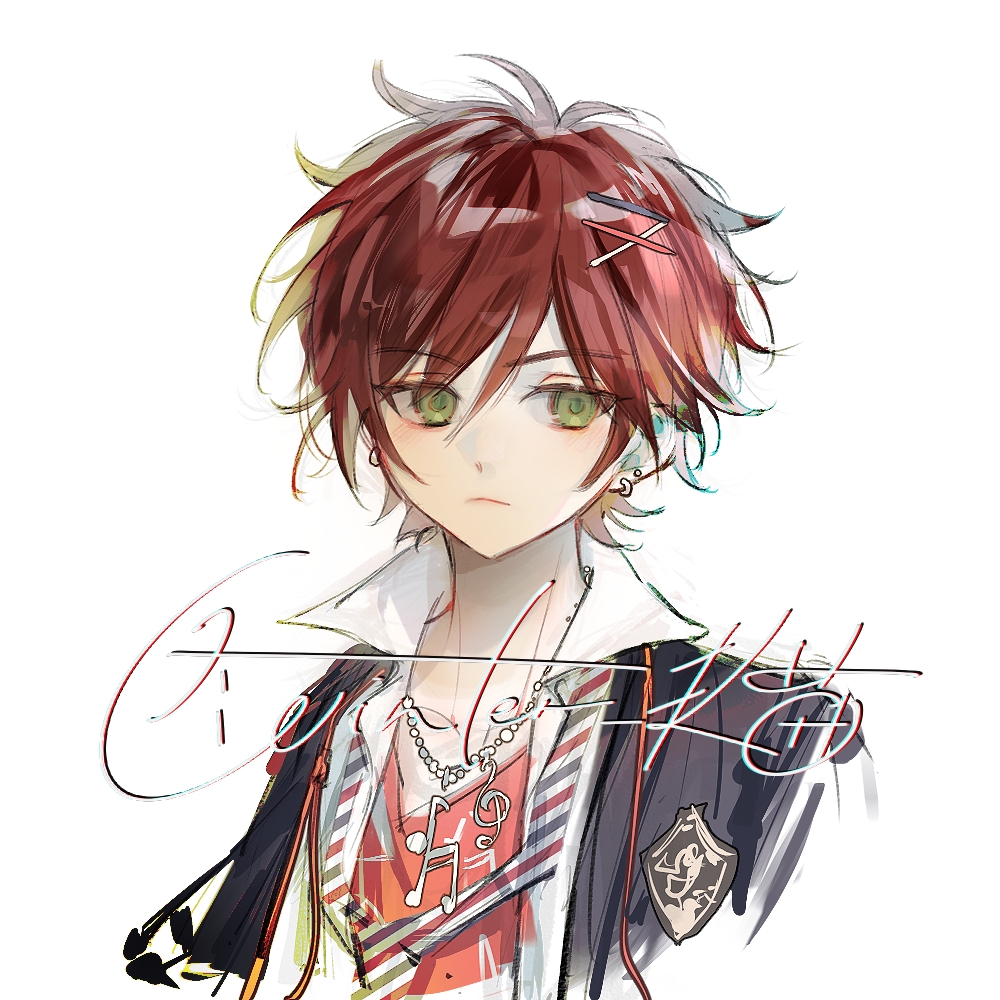1boy, :<, black_jacket, blue_necktie, brown_hair, closed_mouth, collar_x_malice, collared_shirt, earrings, facing_viewer, green_eyes, grey_background, hair_ornament, hairpin, hoshino_kazuki_(collar_x_malice), jacket, jewelry, looking_to_the_side, loose_necktie, male_focus, multiple_earrings, multiple_hairpins, musical_note, necklace, necktie, open_clothes, open_shirt, red_necktie, red_shirt, shirt, simple_background, solo, striped_necktie, white_necktie, white_shirt, winter_kt