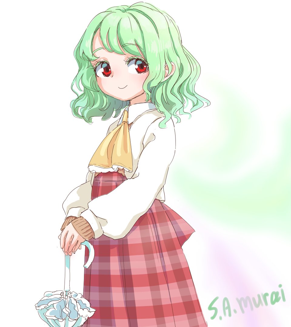 1girl, ascot, closed_umbrella, collared_shirt, commentary_request, green_hair, high-waist_skirt, holding
