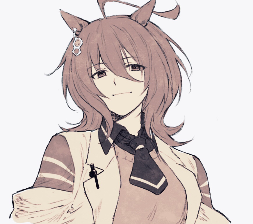 1girl, agnes_tachyon_(umamusume), ahoge, aoi_(aoi306), black_shirt, breasts, brown_hair, closed_mouth