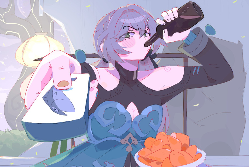 1girl, backlighting, blush_stickers, bottle, bowl, chips_(food), clothing_cutout, commentary
