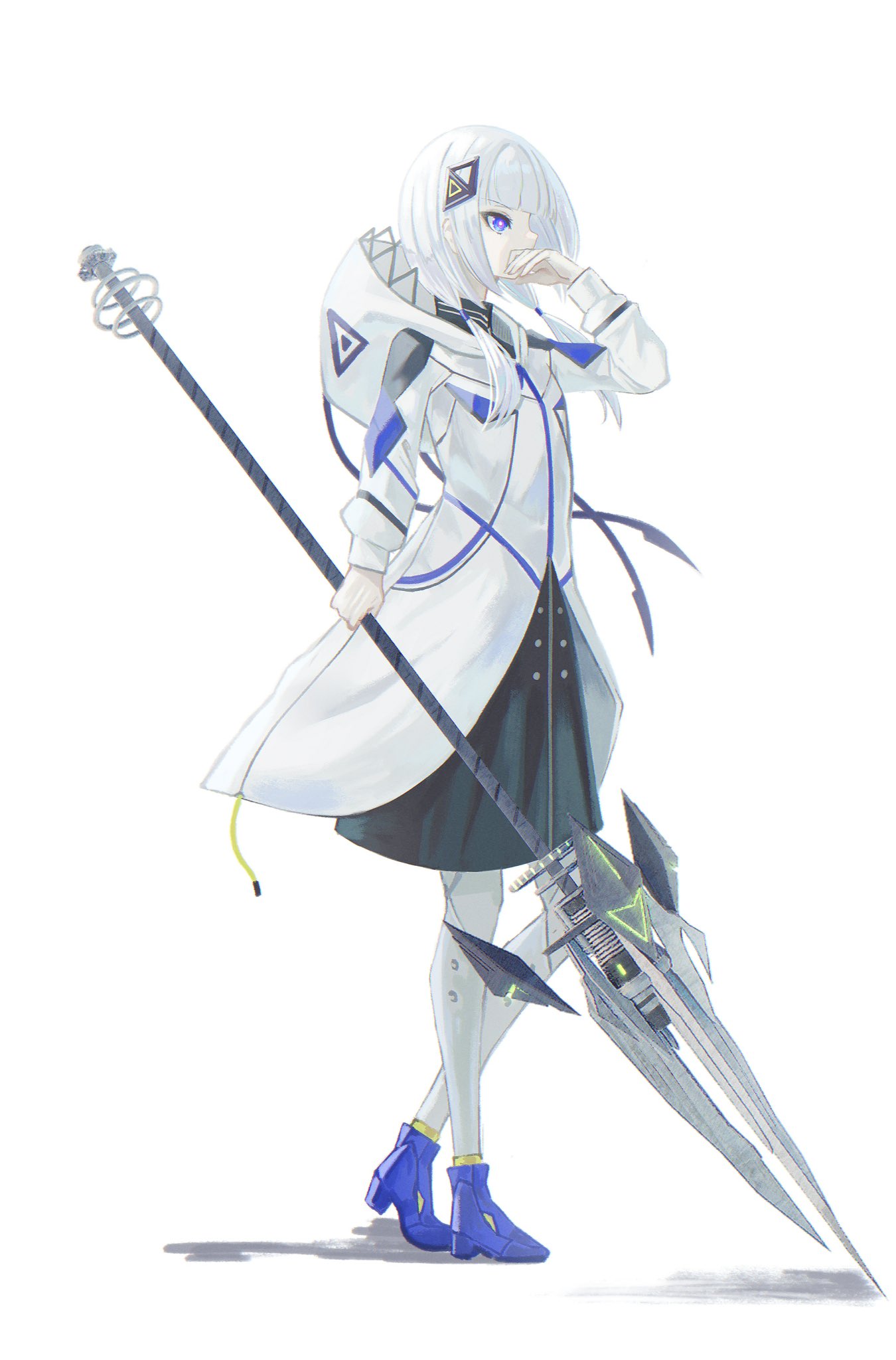 1girl, animal_hood, ankle_boots, black_skirt, blue_eyes, blue_footwear, blunt_bangs, blunt_ends