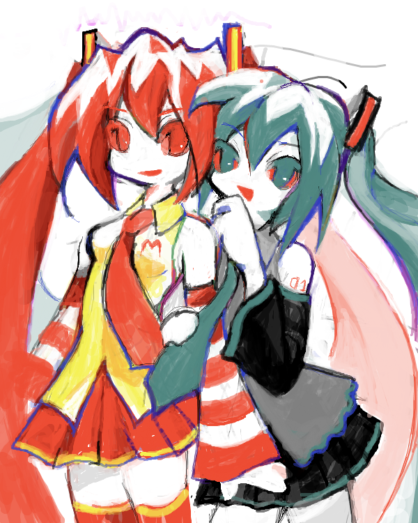 2000s_(style), 2girls, aqua_eyes, aqua_hair, colored_sclera, colored_skin, hatsune_miku, mcdonald's