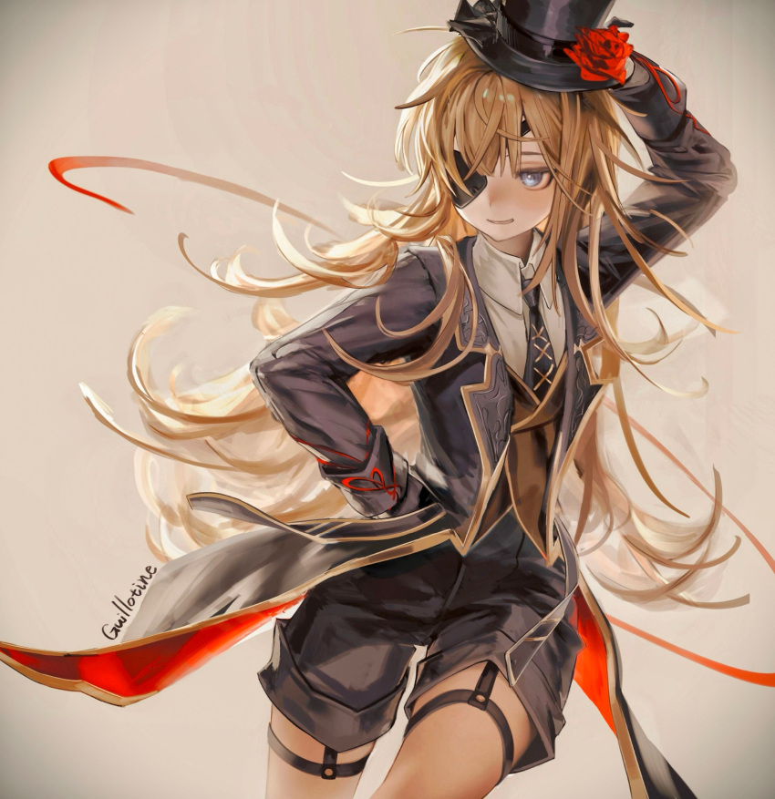 1girl, arm_up, blonde_hair, blue_eyes, collared_shirt, commentary_request, cowboy_shot, dutch_angle