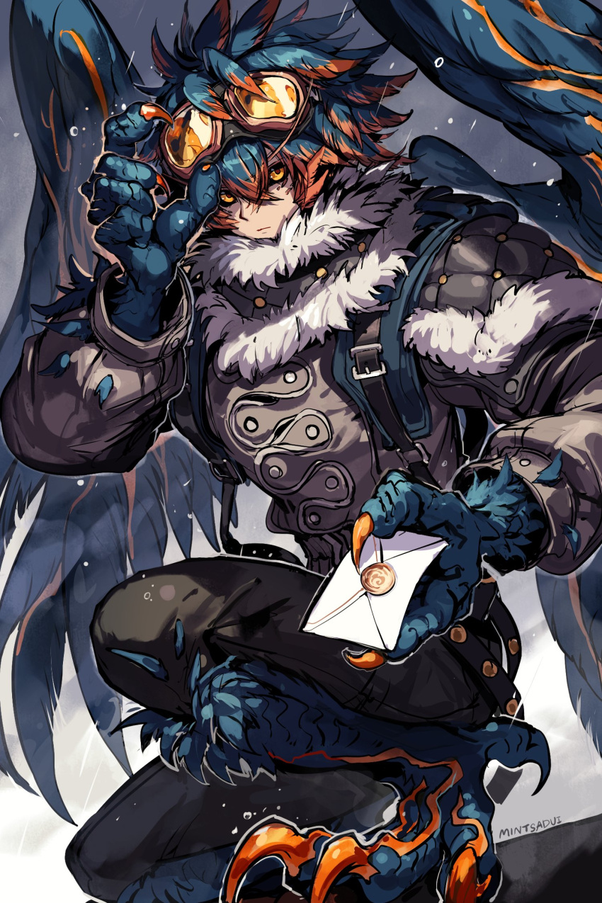 1boy, adjusting_eyewear, artist_name, bird_boy, black_sclera, blue_hair, blue_wings, brown_coat