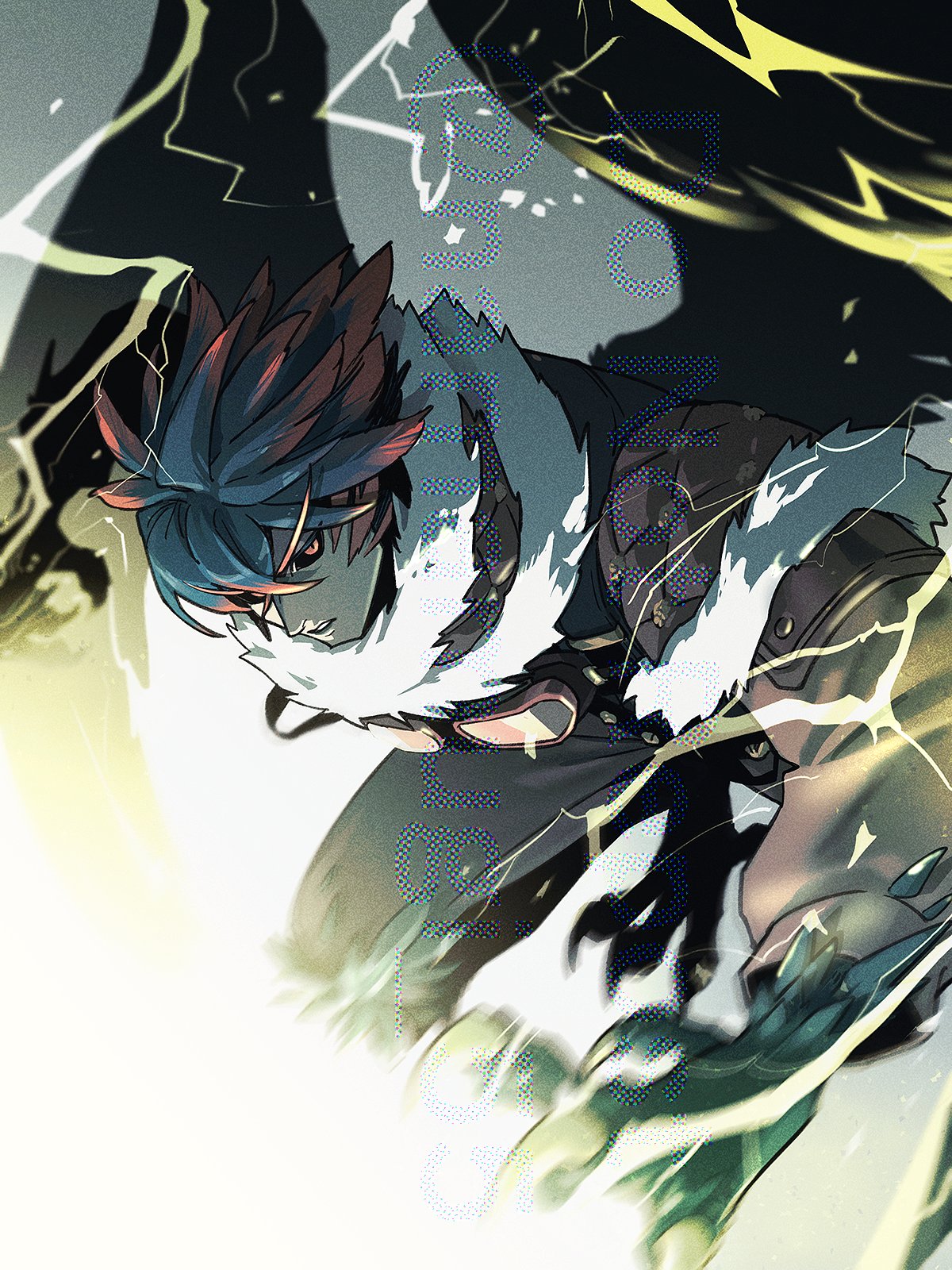 1boy, bird_boy, black_sclera, blue_hair, colored_sclera, commentary, dislyte, feather_hair