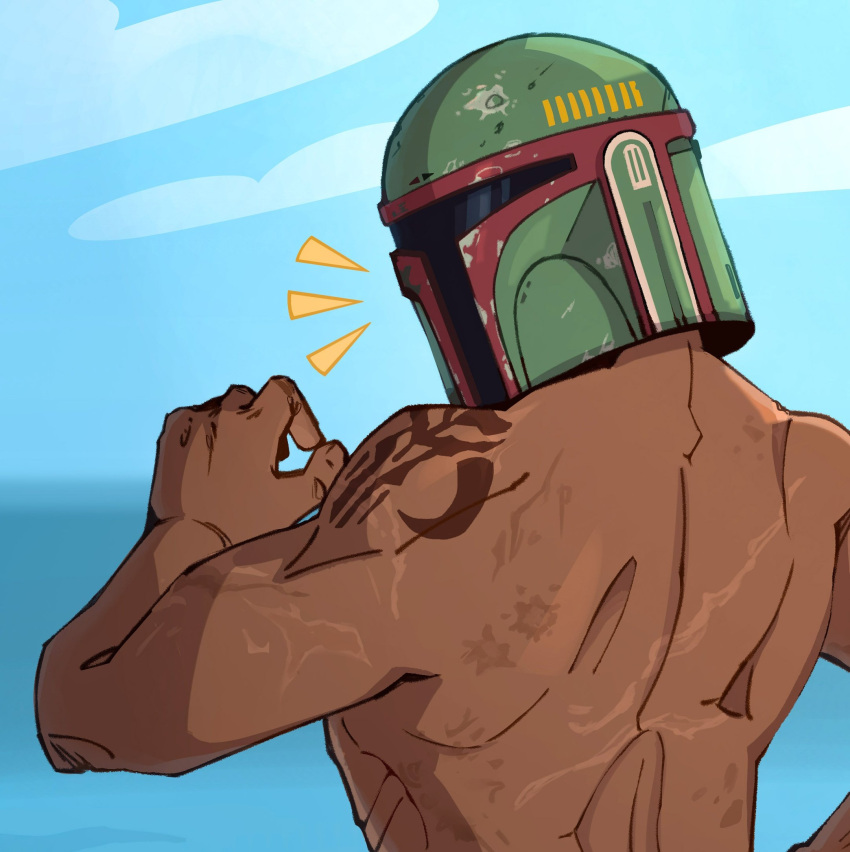 1boy, blue_sky, boba_fett, clouds, cobalt_beam, dark-skinned_male, dark_skin, day
