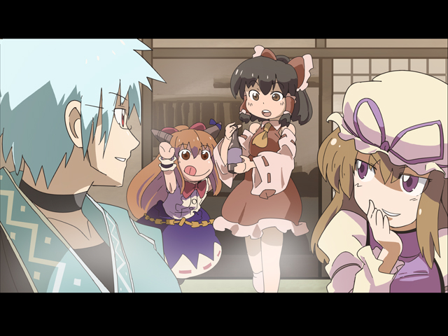 :q, ascot, blonde_hair, bottle, bow, brown_eyes, brown_hair, choker, covering, covering_face, covering_mouth, detached_sleeves, glasses, hair_bow, hakurei_reimu, hat, horns, ibuki_suika, kuma_(marisaplayer), long_hair, miko, morichika_rinnosuke, multiple_girls, purple_eyes, red_eyes, short_hair, smile, tongue, touhou, violet_eyes, yakumo_yukari