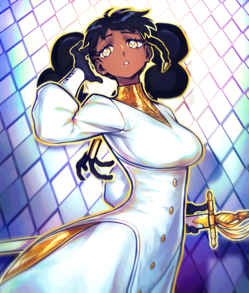 1girl, absurdres, black_gloves, black_hair, breasts, dark-skinned_female, dark_skin, desscaras