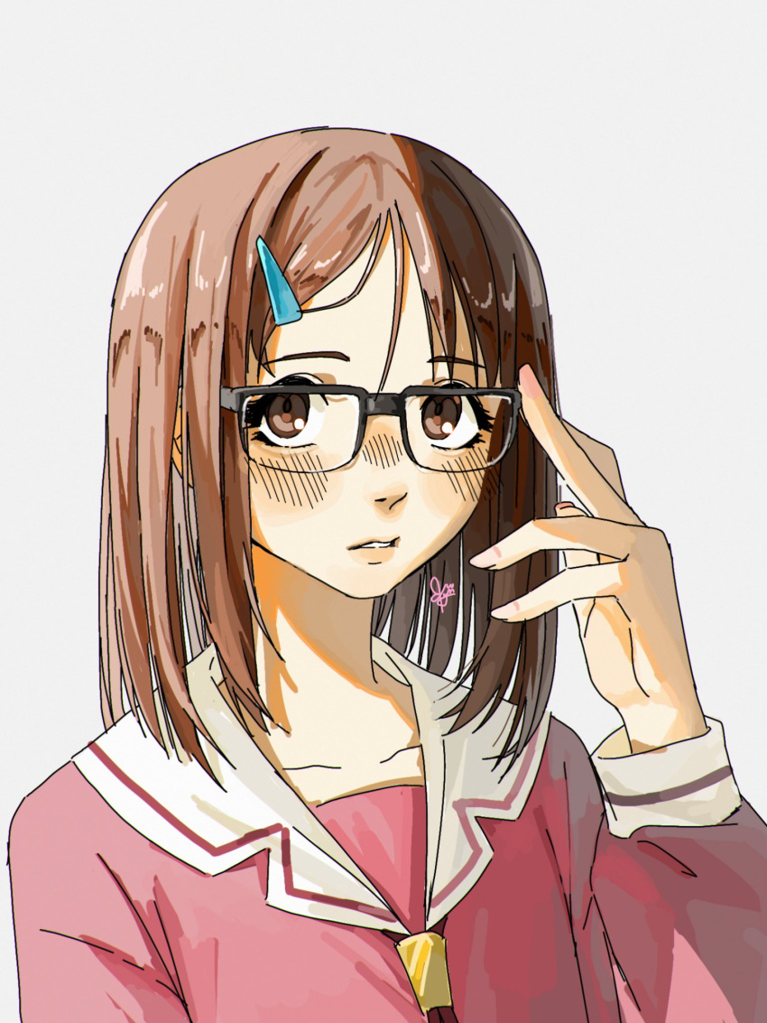 1girl, adjusting_eyewear, azumanga_daioh, azumanga_daioh's_school_uniform, black-framed_eyewear, brown_eyes, brown_hair, collarbone