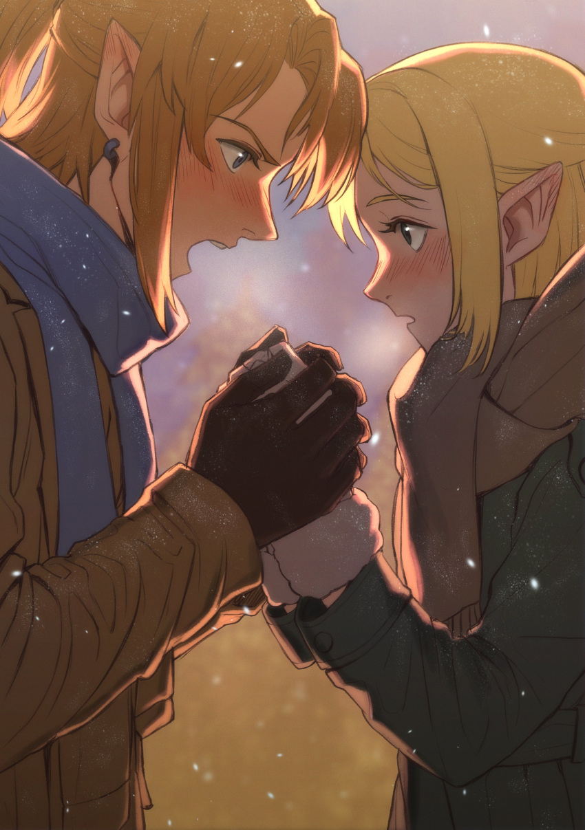 1boy, 1girl, absurdres, alternate_costume, blue_eyes, blue_scarf, blush, breath